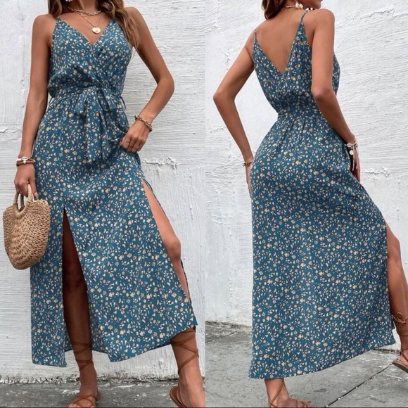 Boho Blue Floral Ditsy Print Split Hem Cami Belted Maxi Dress - Picture 6 of 6
